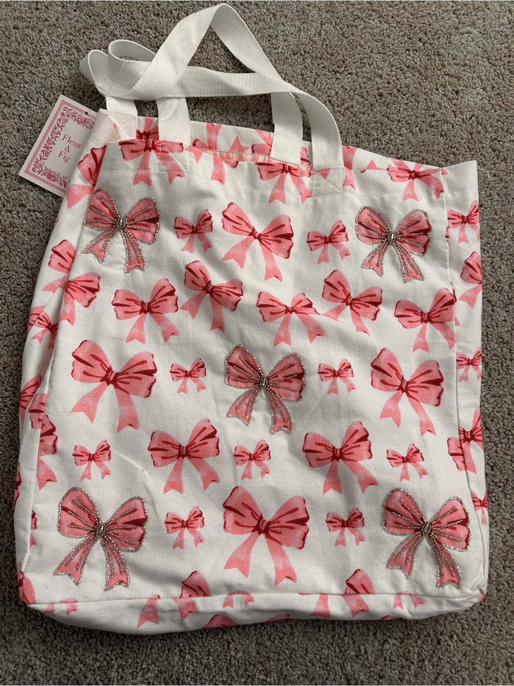 White Tote Bag with Pink Bow Print